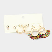 3Pairs - Round Stone Metal Hoop Tassel Fringe Earrings