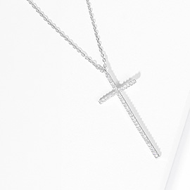 White Gold Dipped CZ Embellished Cross Pendant Necklace