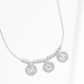 MOM White Gold Dipped CZ Embellished Metal Round Message Pendant Necklace