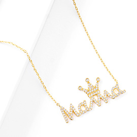 Gold Dipped CZ Crown MAMA Message Pendant Necklace