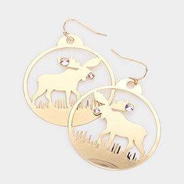 Stone Embellished Rudolph Accented Brass Metal Round Dangle Earrings