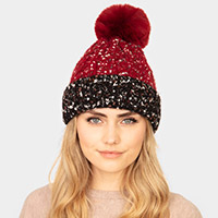 Two Tone Confetti Fleece Pom Pom Beanie Hat