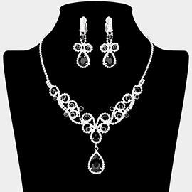Teardrop Crystal Rhinestone Vine Drop Collar Necklace Clip on Earring Set