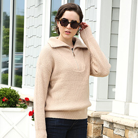 Solid Color Zipper Turtleneck Sweater Top