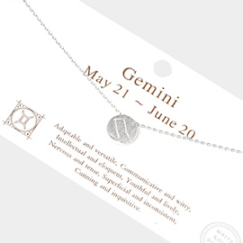 Gemini White Gold Dipped CZ Zodiac Sign Metal Disc Pendant Necklace