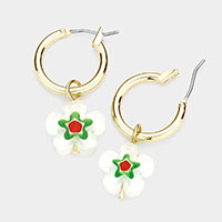 Patterned Flower Dangle Metal Hoop Pin Catch Earrings