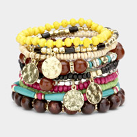 10PCS - Metal Disc Charm Wood Multi Beaded Stretch Bracelets