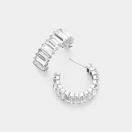 CZ Rectangle Stone Cluster Half Hoop Evening Earrings