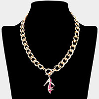 Rhinestone Embellished Enamel Stiletto Heel Pendant Toggle Necklace