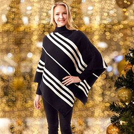 Vertical Striped Turtle Neck Poncho