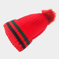 Color Block Knit Pom Pom Beanie Hat