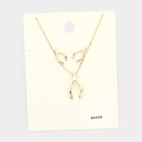 Rhinestone Embellished Brass Metal Wishbone Pendant Necklace