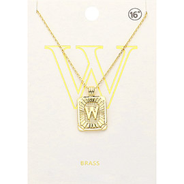 -W- Brass Metal Rectangle Monogram Pendant Necklace