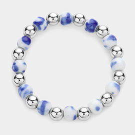 Colored Bead Accented Metal Ball Stretch Bracelet