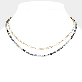 Beaded Open Metal Oval Link Double Layered Necklace