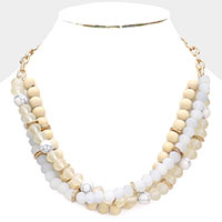 Natural Stone Wood Faceted Beaded Triple Layered Necklace