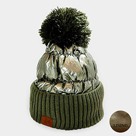 Fleece Lining  Puffer Knit Pom Pom Beanie Hat