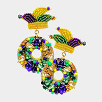 Felt Back Mardi Gras Multi Stone Beaded Dangle Earrings