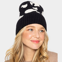 Cow Patterned Ribbed Knit Cuff Beanie Hat