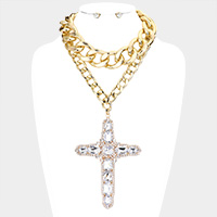 Stone Embellished Cross Pendant Double Layered Necklace