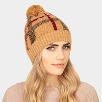 Plaid Check Patterned Pom Pom Beanie Hat