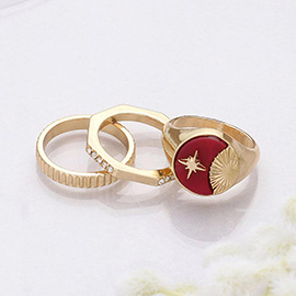 3PCS - Semi Precious Crescent Moon Star RhinestoneMixed Rings