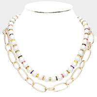 Pearl Open Metal Oval Link Double Layered Necklace