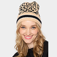 Leopard Patterned Striped Cuff Knit Beanie Hat