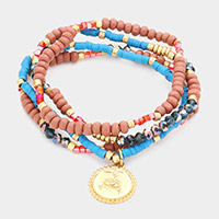 4PCS - Rhinestone Evil Eye Metal Round Charm Heishi Wood Faceted Beaded Stretch Bracelets