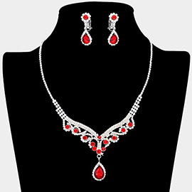 Teardrop Stone Accented Rhinestone Necklace Clip on Earring Set