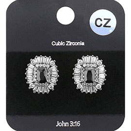 CZ Emerald Cut Stone Centered Evening Stud Earrings