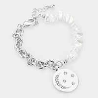 Rhinestone Embellished Crescent Moon Star Metal Disc Charm Pearl Bracelet