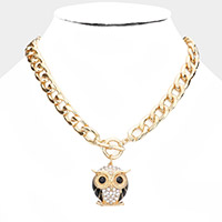 Stone Embellished Owl Pendant Toggle Necklace