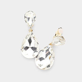 Glass Crystal Double Teardrop Clip on Evening Earrings