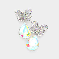 Rhinestone Embellished Butterfly Teardrop Stone Link Dangle Evening Earrings