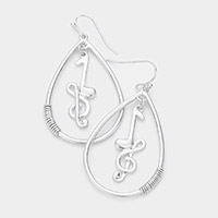 Music Nots Treble Clef Accented Open Metal Teardrop Dangle Earrings