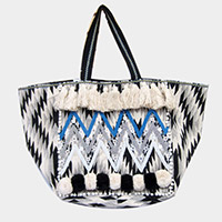 Boho Seed Beaded Zigzag Chevron Detailed Pom Pom Tassel Shoulder Bag