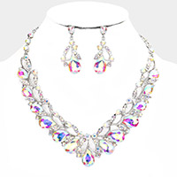 Teardrop Accented Stone Embellished Leaf Evening Necklace