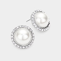 Rhinestone Trimmed Round Pearl Stud Earrings