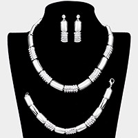 3PCS - Rhinestone Embellished Metal Rectangle Link Necklace Jewelry Set