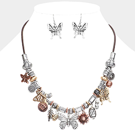 Metal Leaf Butterfly Leaf Sunflower Pendant Cluster Necklace