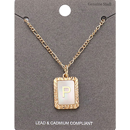 -P- Monogram Genuine Shell Rectangle Pendant Necklace