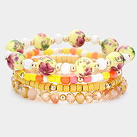 4PCS - Flower Patterned Wood Faceted Beaded Stretch Bracelets