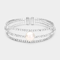 Pearl Accented Split Rhinestone Evening Cuff Bracelet