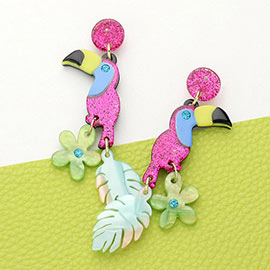 Glittered Resin Toucan Flower Tropical Leaf Link Dangle Earrings