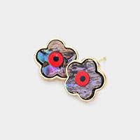 Brass Metal Trimmed Evil Eye Accented Abalone Flower Stud Earrings