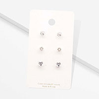 3Pairs - CZ Heart Round Stud Earrings