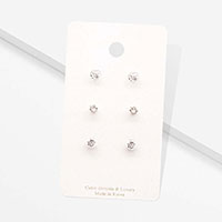 3Pairs - CZ Heart Round Stud Earrings