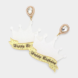 HAPPY BIRTHDAY Glittered Resin Crown Dangle Earrings