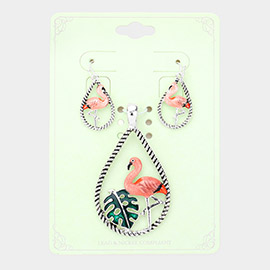 Enamel Tropical Leaf Flamingo Accented Open Teardrop Pendant Set